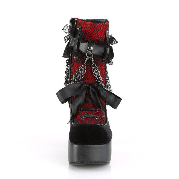 Blockabsatz Stiefelette mit Ketten und Knöchelriemen CHARADE-110 schwarz / rot von Demonia