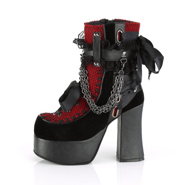 Blockabsatz Stiefelette mit Ketten und Knöchelriemen CHARADE-110 schwarz / rot von Demonia